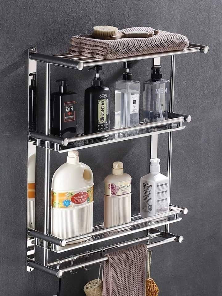 Étagère murale avec crochets pour rangement salle de bain (100% INOX)
