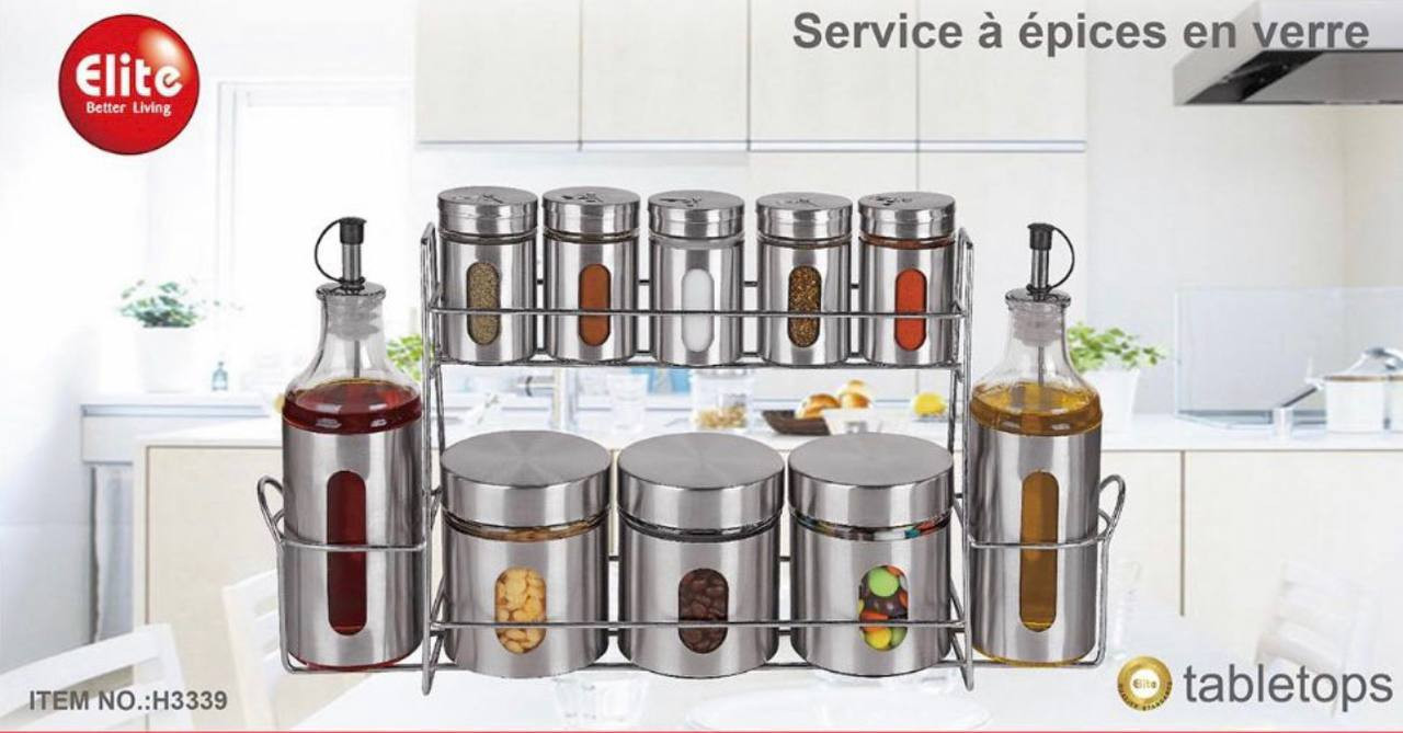 ELITE Ensemble de 10 Pots A Épices + 2 Huilières avec Présentoir Assaisonnements