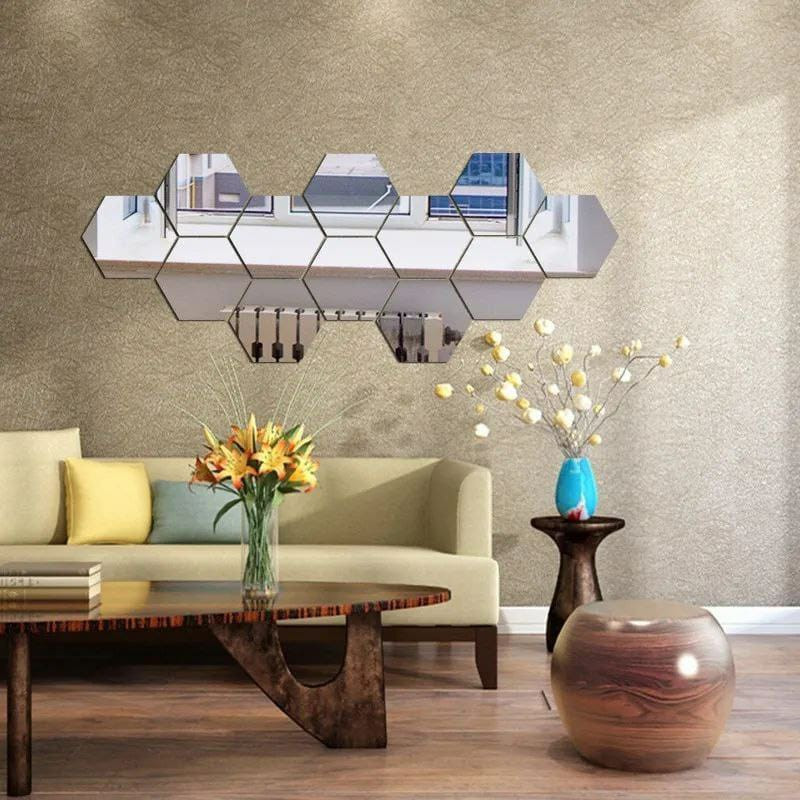 12 pièces miroir hexagonal de décoration argenté 12/11 cm