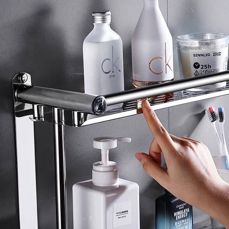 Étagère murale avec crochets pour rangement salle de bain (100% INOX)